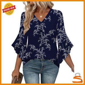 Women's 3/4 Sleeve V-Neck Blouse Loose Fit Tunic Top Business Casual